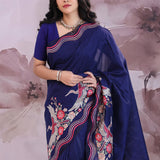 Midnight Blue Organza Saree With Embroidery Work