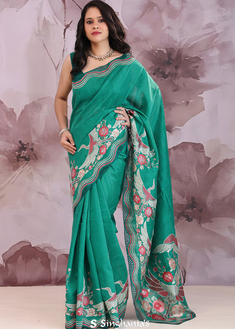 <img> Green Tussar Saree With Embroidery Work