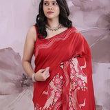 Red Tussar Saree With Embroidery Work