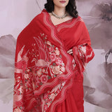 Red Tussar Saree With Embroidery Work