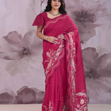 Bordeaux Red Tussar Saree With Embroidery Work