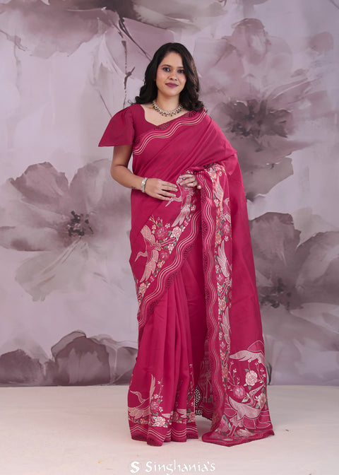 <img>  red tussar saree with embroidery work