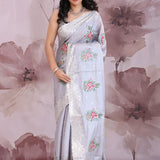 Spun Pearl Blue Soft Silk Saree With Petit Point Embroidery
