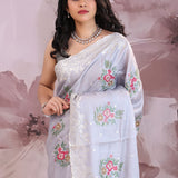 Spun Pearl Blue Soft Silk Saree With Petit Point Embroidery
