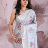 Spun Pearl Blue Soft Silk Saree With Petit Point Embroidery
