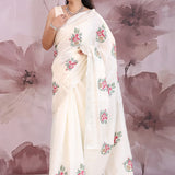 White Saree With Petit Point Embroidery