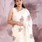 White Saree With Petit Point Embroidery