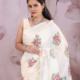 White Saree With Petit Point Embroidery