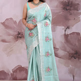 Celeste Blue Saree With Petit Point Embroidery