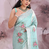 Celeste Blue Saree With Petit Point Embroidery