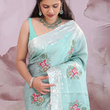 Celeste Blue Saree With Petit Point Embroidery