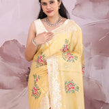 Dark Beige Saree With Petit Point Embroidery