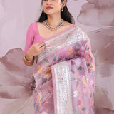 Lilac Falling Tissue Saree With Embroidery Work
