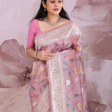 Dusky Pink Organza Saree With Embroidery Work
