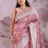 Dusty Pink Saree With Floral Embroidery