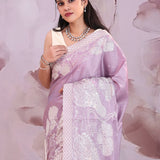 Lavender Soft Silk Saree With Embroidery Work