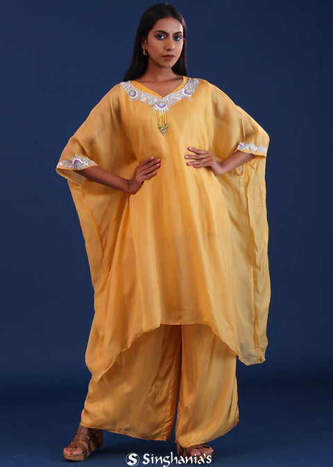 <img> Pastel Yellow Soft Tissue And Crepe Silk Solid Kaftan Set