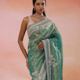 Green Georgette Tissue Saree With Fancy Border