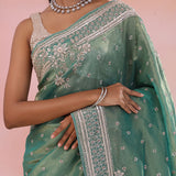Green Georgette Tissue Saree With Fancy Border