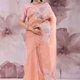 Creamy Peach Organza Saree With Scallop Border