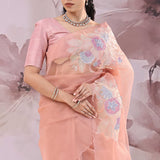 Creamy Peach Organza Saree With Scallop Border
