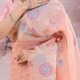 Creamy Peach Organza Saree With Scallop Border