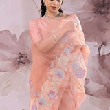 Creamy Peach Organza Saree With Scallop Border