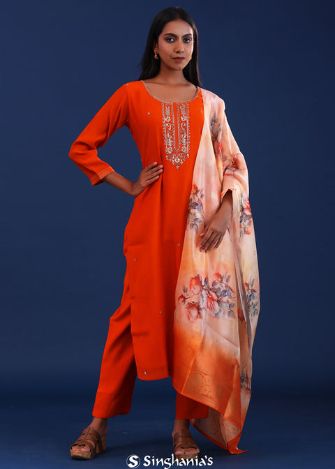 <img> Fire Orange Crush Georgette Sequence Work Kurti Set