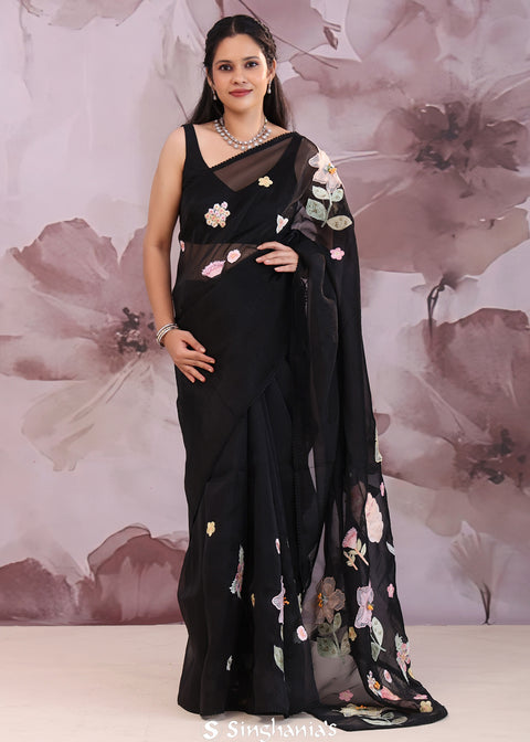  <img> black organza tissue saree with floral embroidery