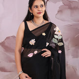 Black Organza Tissue Saree With Floral Embroidery
