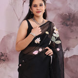Black Organza Tissue Saree With Floral Embroidery