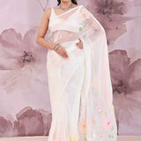 White Organza Saree With Floral Embroidery