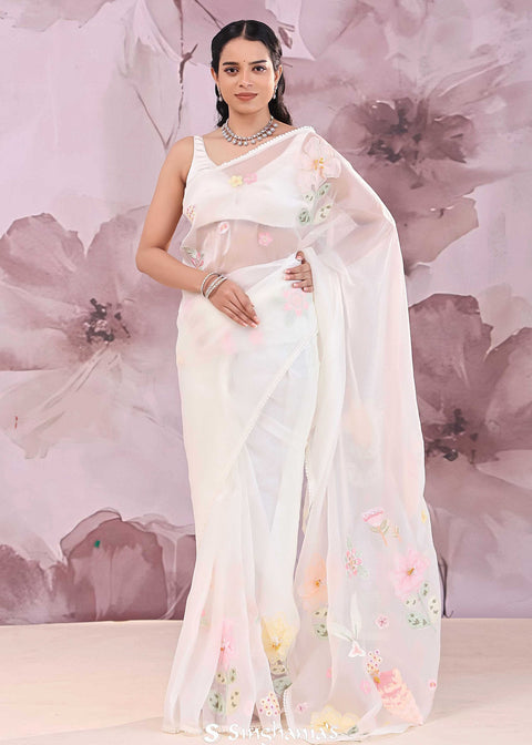 <img> White Organza Saree With Floral Embroidery