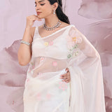 White Organza Saree With Floral Embroidery