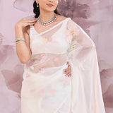 White Organza Saree With Floral Embroidery