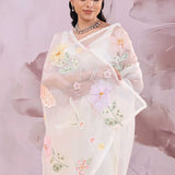 White Organza Saree With Floral Embroidery