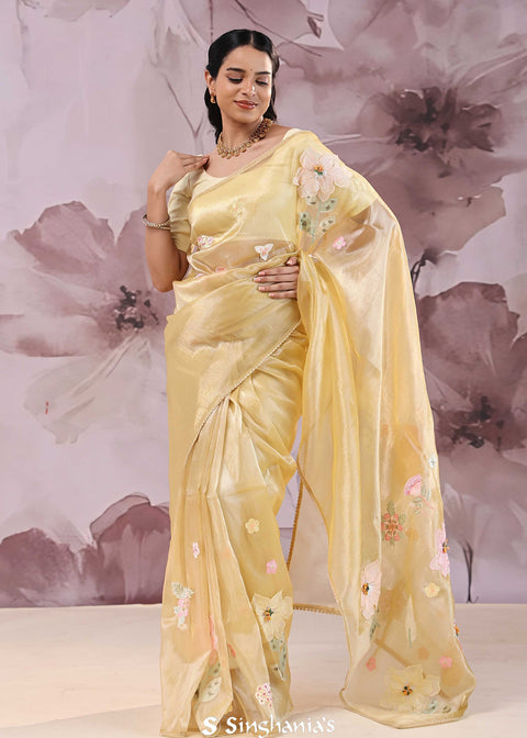 <img>  yellow organza saree with embroidery