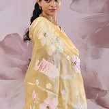 Brass Yellow Organza Saree With Embroidery