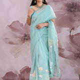 Sky Blue Organza Tissue Saree With Floral Embroidery