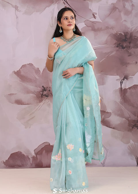 <img>  blue organza tissue saree with embroidery work
