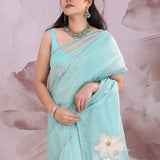 Sky Blue Organza Tissue Saree With Floral Embroidery
