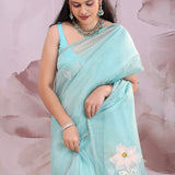 Sky Blue Organza Tissue Saree With Floral Embroidery