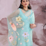 Sky Blue Organza Tissue Saree With Floral Embroidery