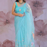 Blue Organza Soft Organza Tissue Saree With Floral Embroidery