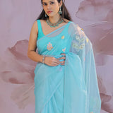 Blue Organza Soft Organza Tissue Saree With Floral Embroidery