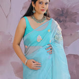 Blue Organza Soft Organza Tissue Saree With Floral Embroidery