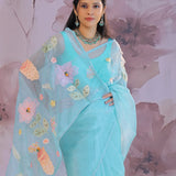 Blue Organza Soft Organza Tissue Saree With Floral Embroidery