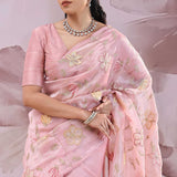 Pearl Pink Organza Saree With Embroidery