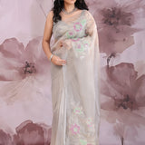 Gray Organza Tissue Saree With Scallop Border