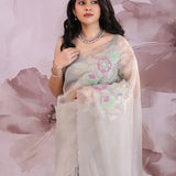 Gray Organza Tissue Saree With Scallop Border
